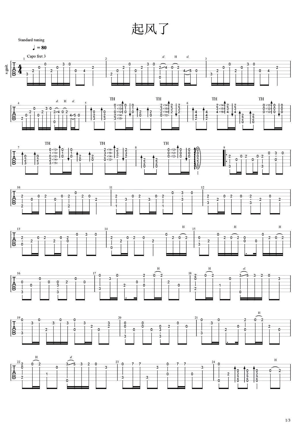 起风了指弹吉他谱-1