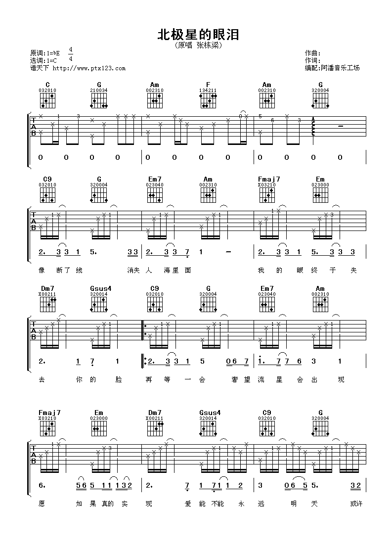 北极星的眼泪吉他谱 张栋梁 C调