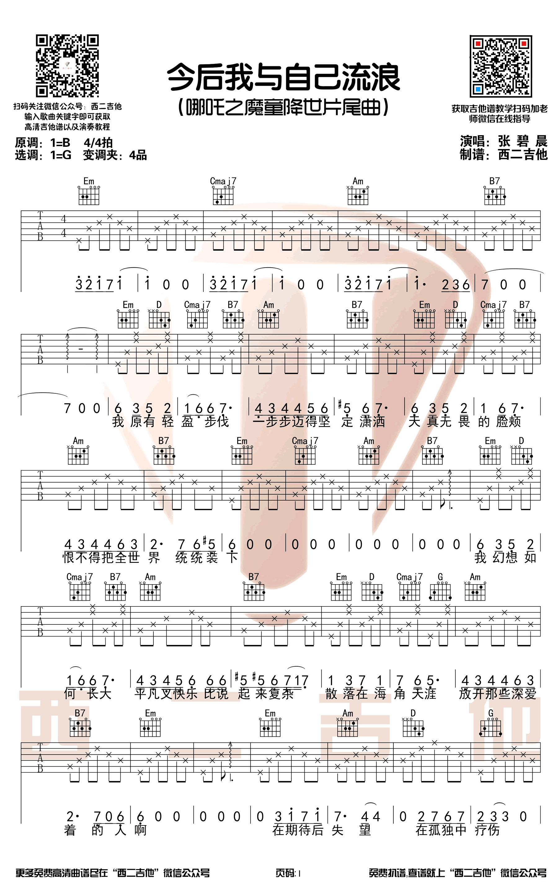 张碧晨《今后我与自己流浪》吉他谱-1