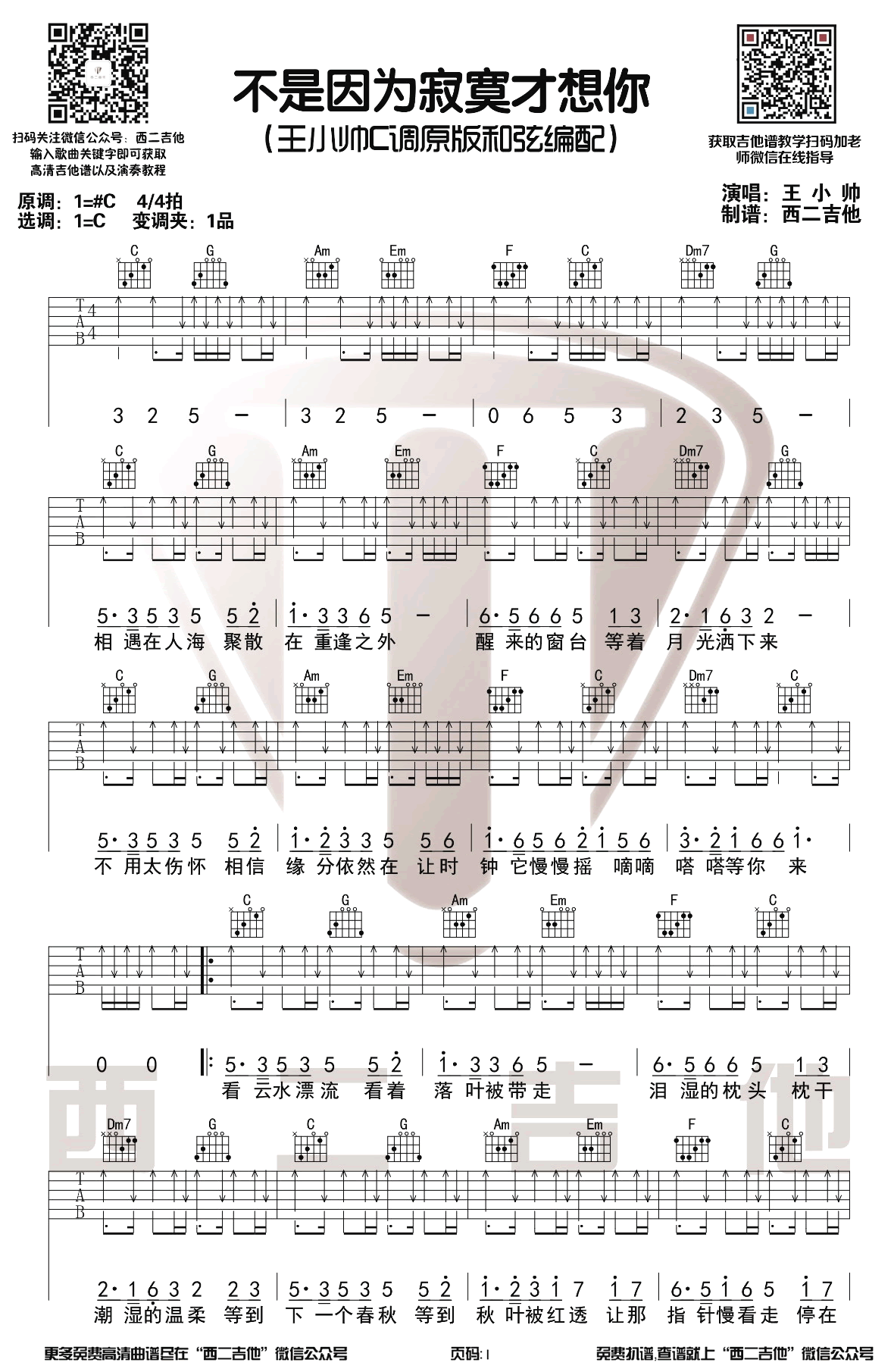 王小帅《不是因为寂寞才想你》吉他谱-1