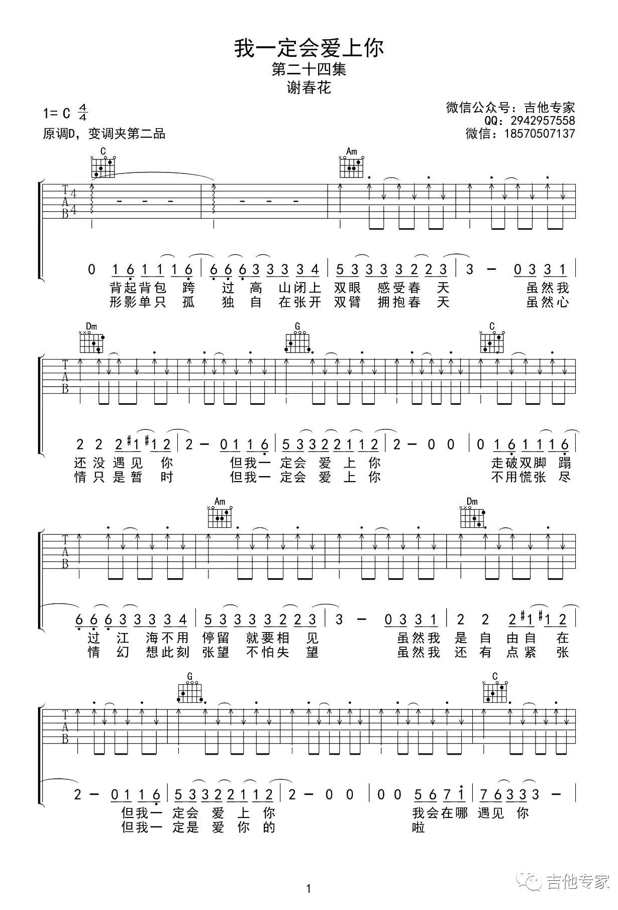 谢春花 我一定会爱上你吉他谱
