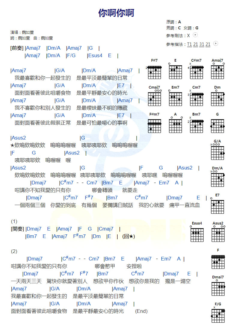 魏如萱《你啊你啊》吉他谱