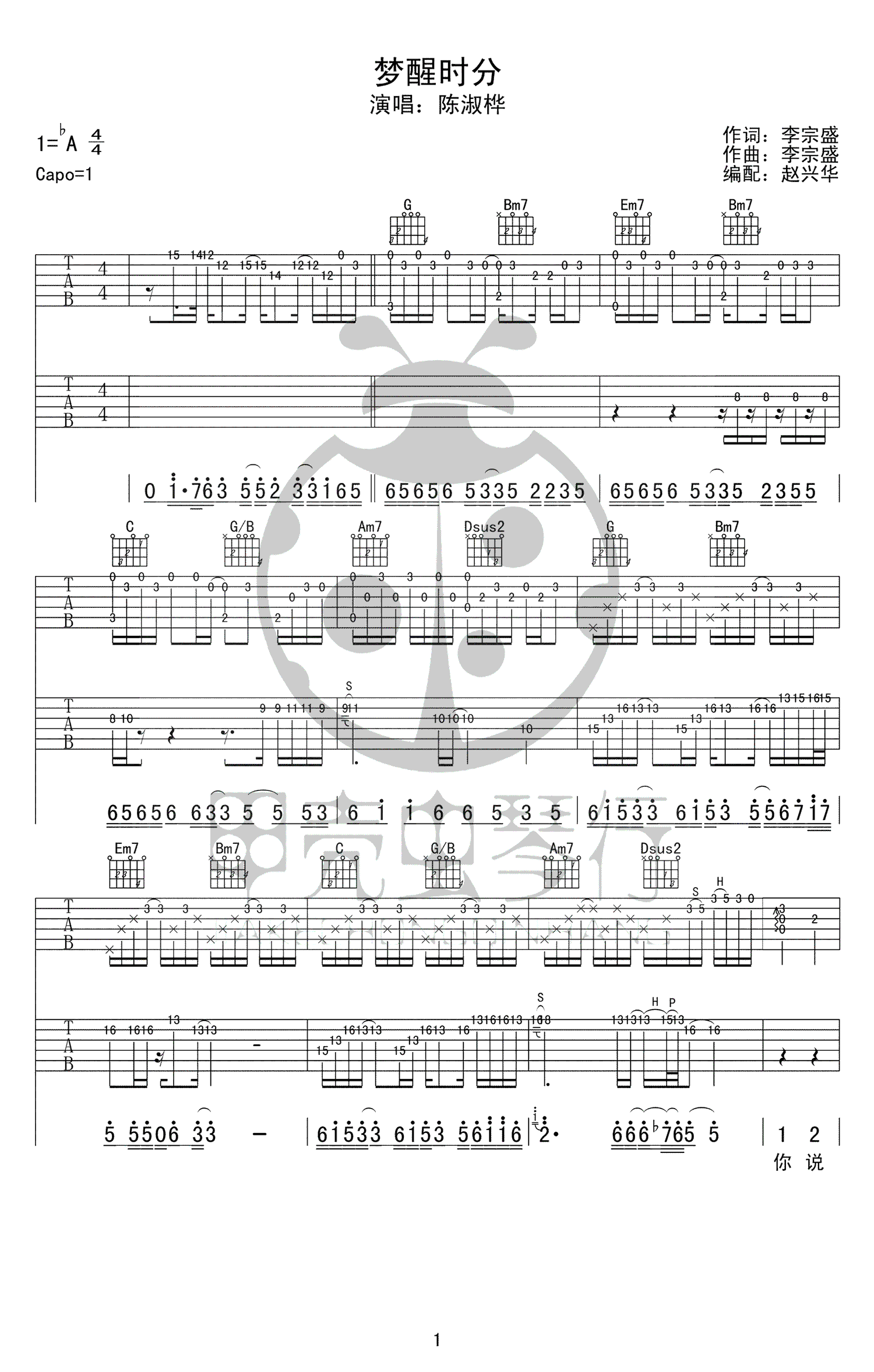 梦醒时分吉他谱 陈淑桦 双吉他版本