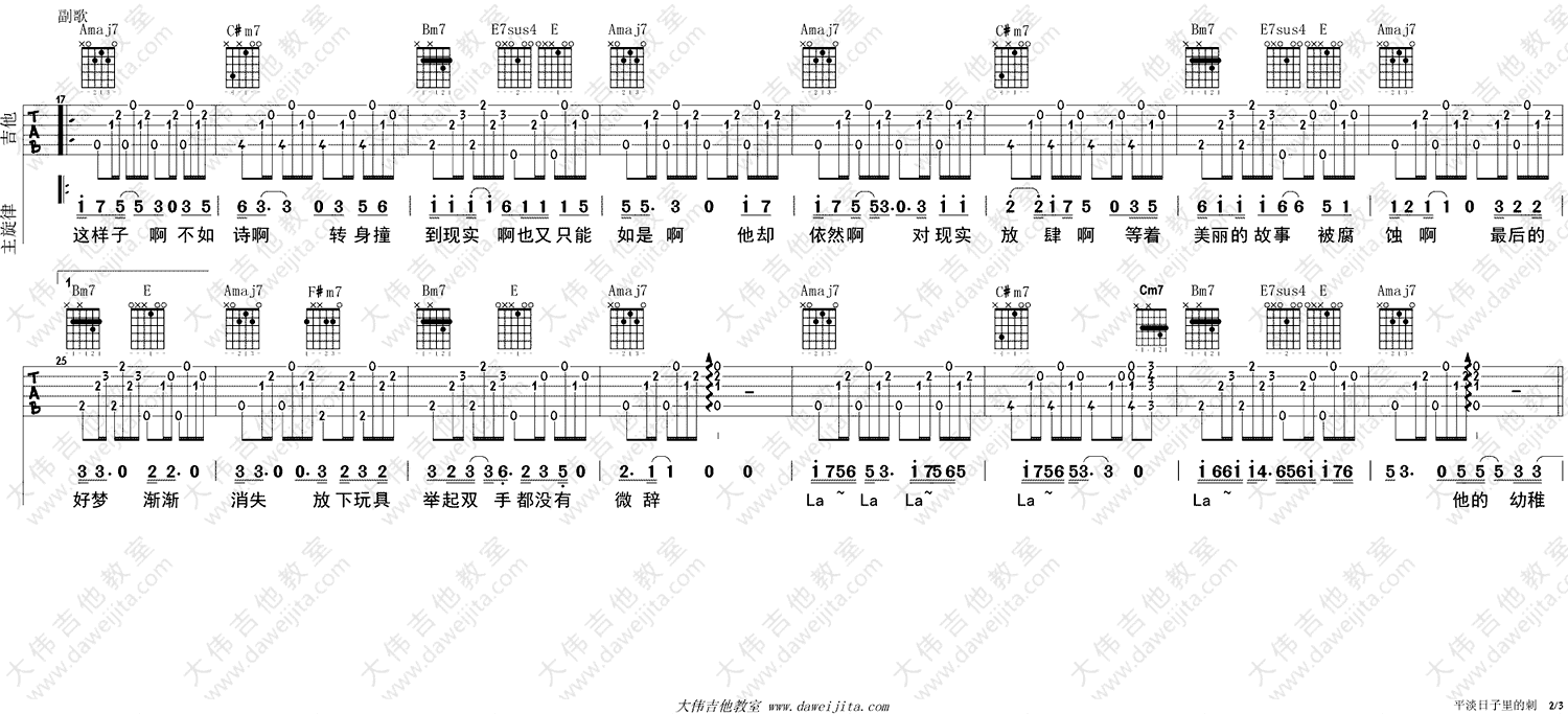 平淡日子里的刺 吉他谱六线谱