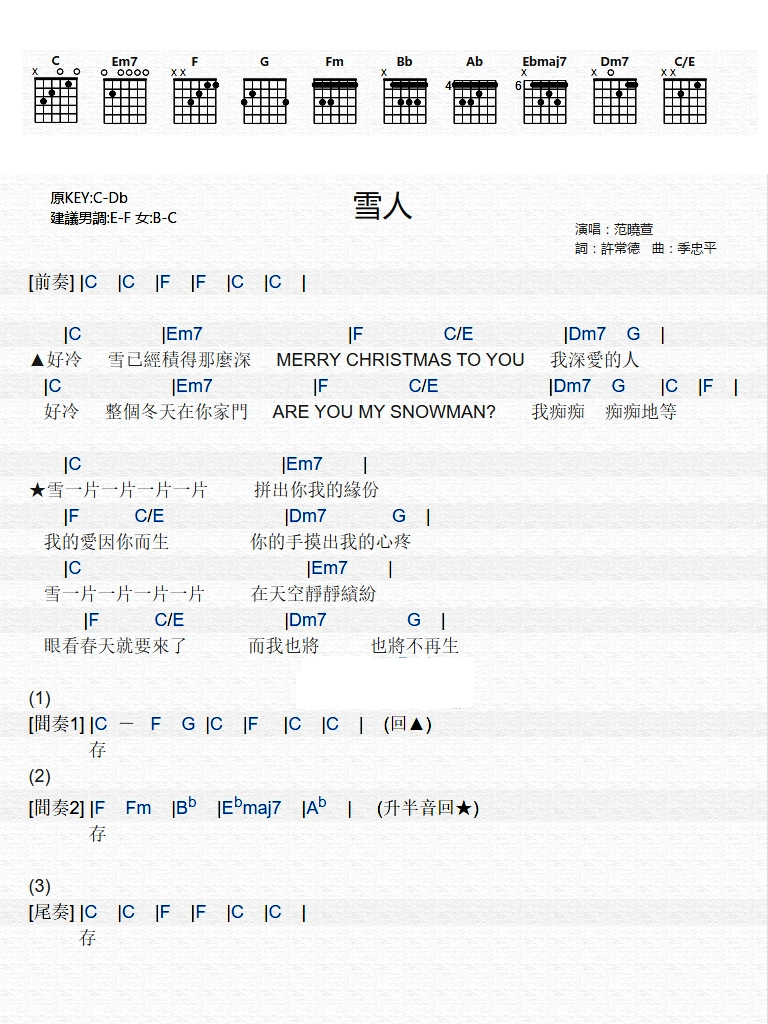 范晓萱 雪人吉他谱