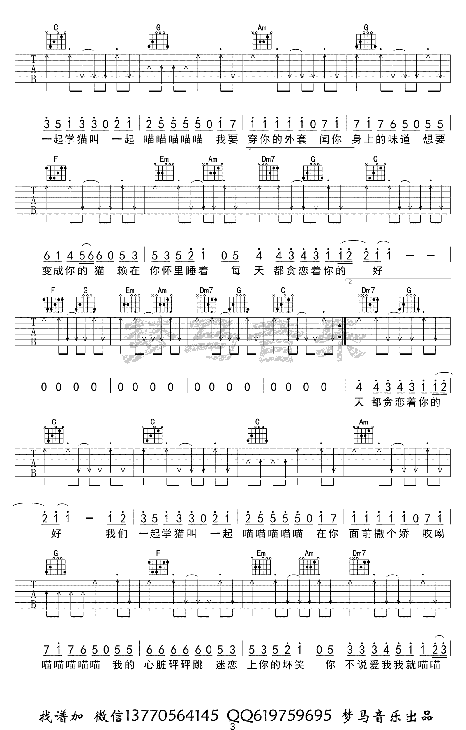 抖音歌曲 学猫叫吉他谱