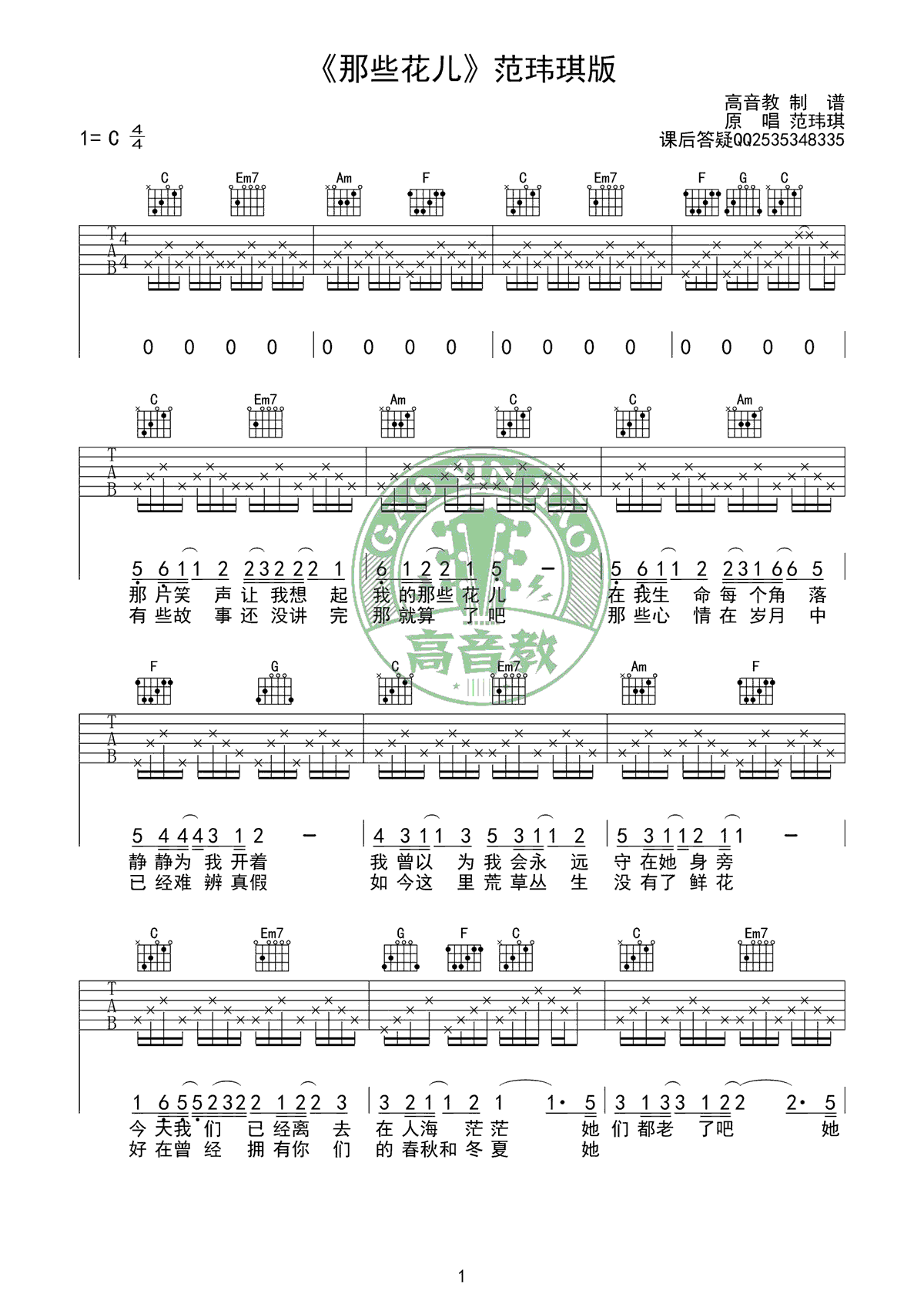 范玮琪那些花儿吉他谱