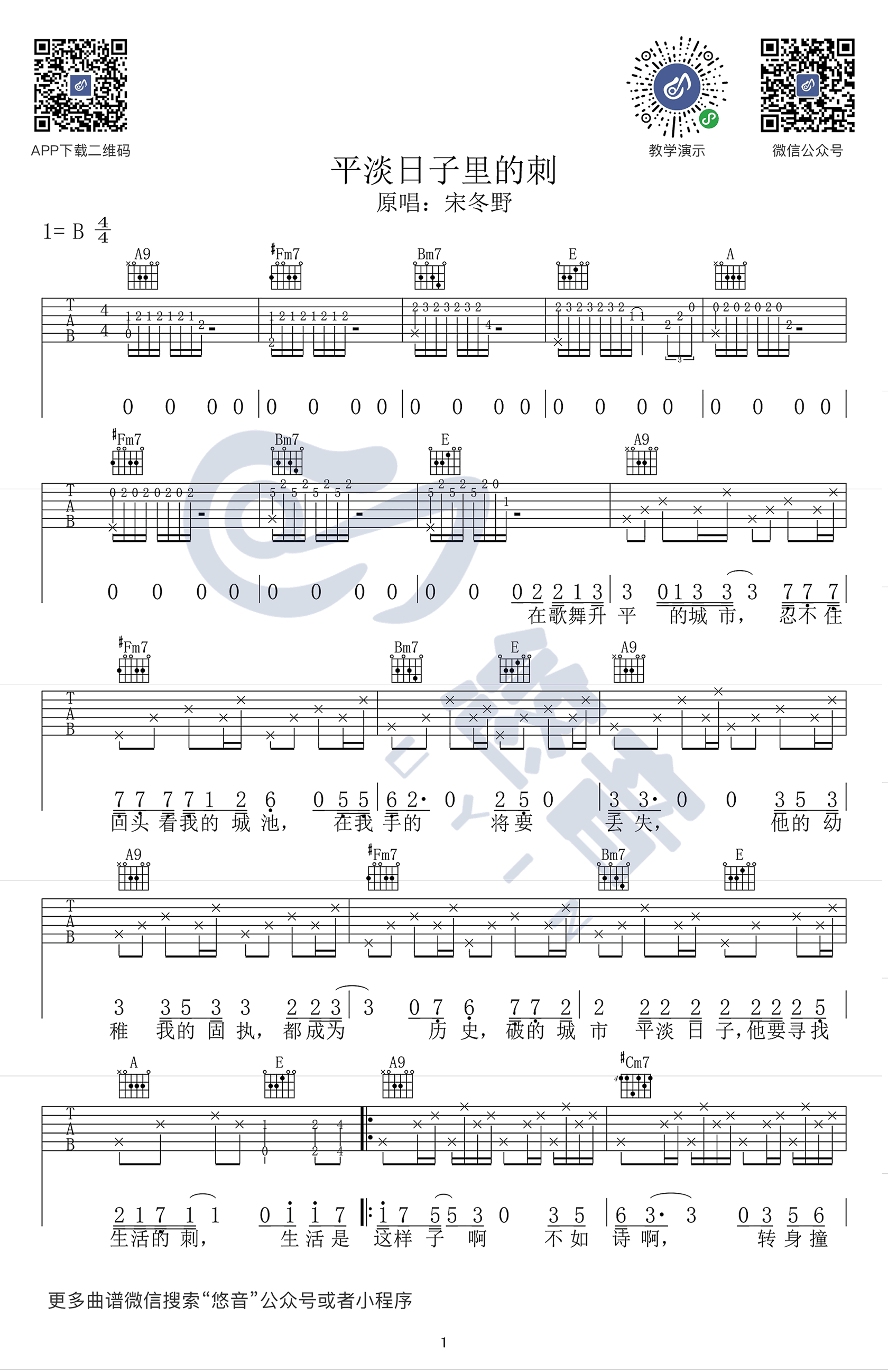 《平淡日子里的刺》吉他谱 宋冬野-1