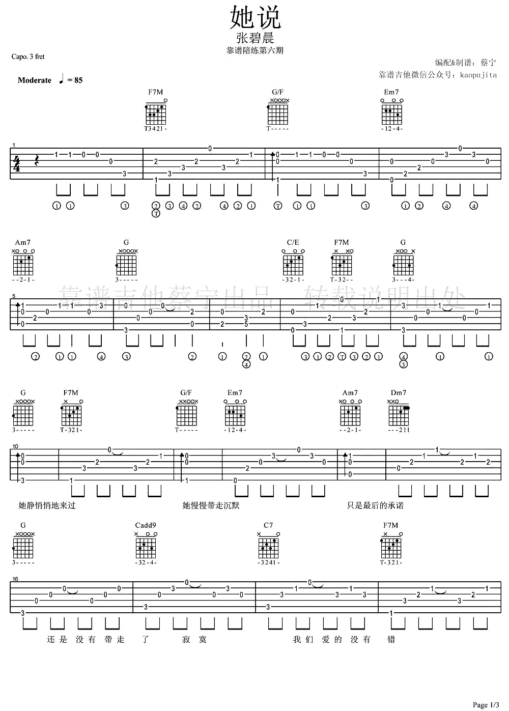 张碧晨 她说吉他谱