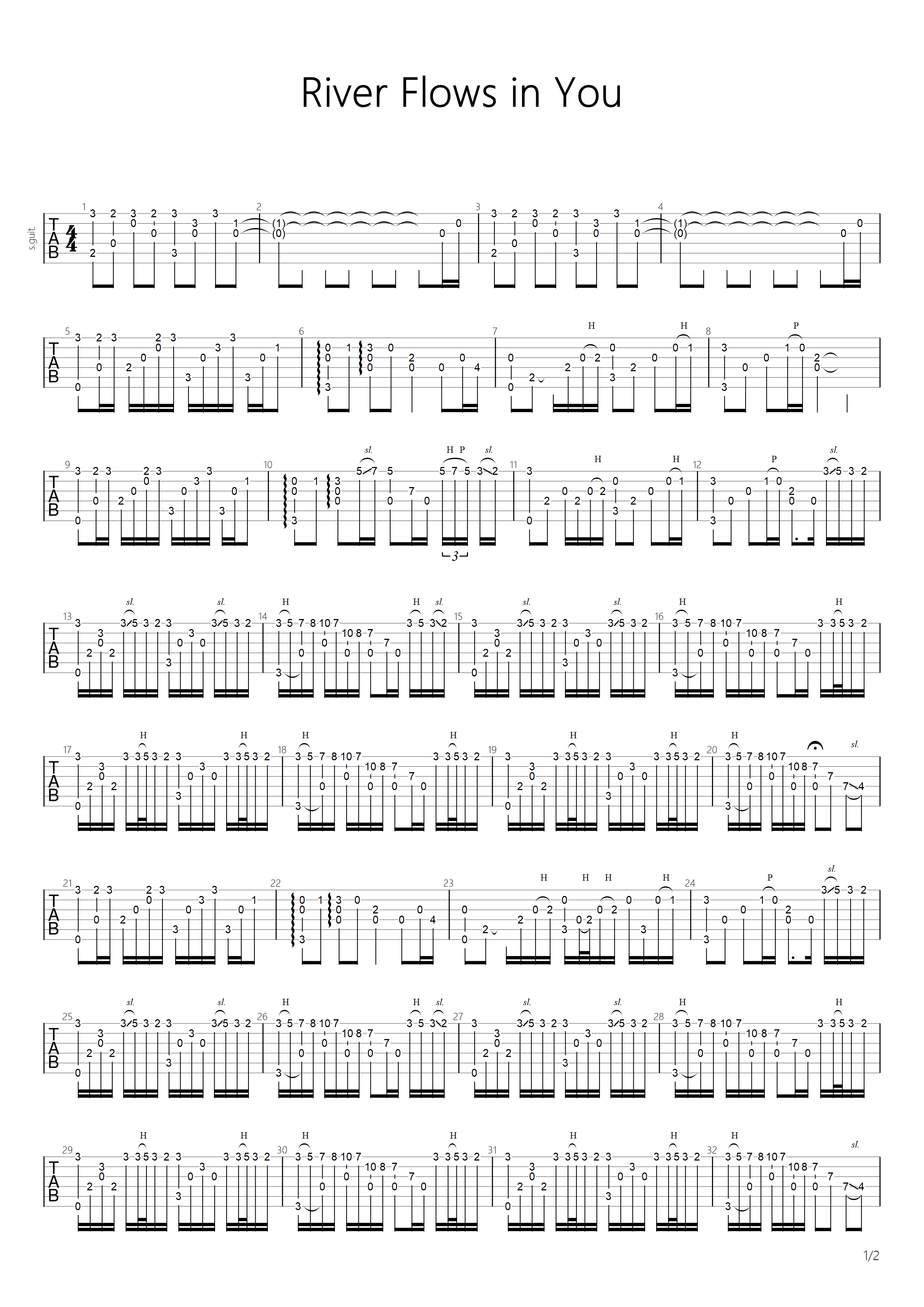 River Flows In You指弹谱 吉他独奏谱-1