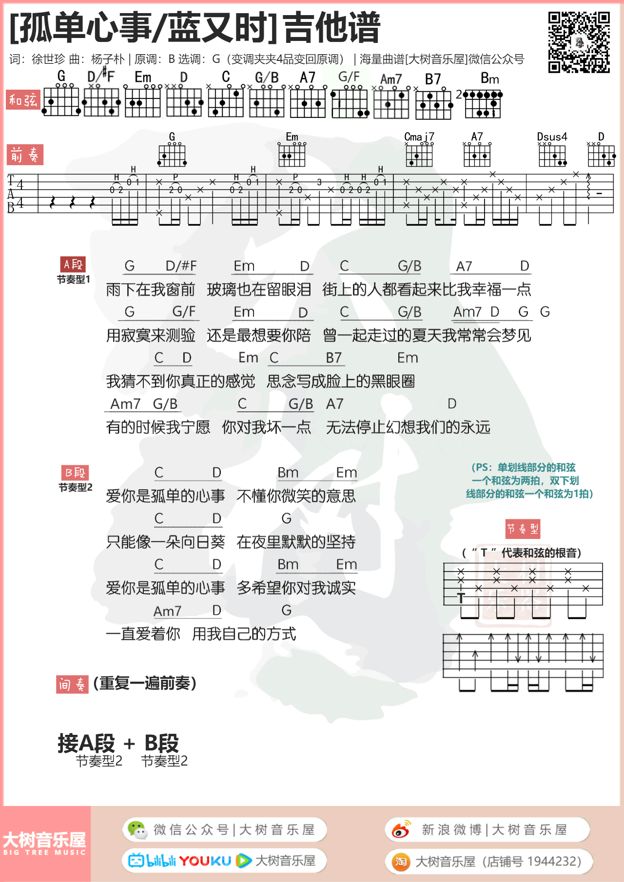 蓝又时《孤单心事》吉他谱