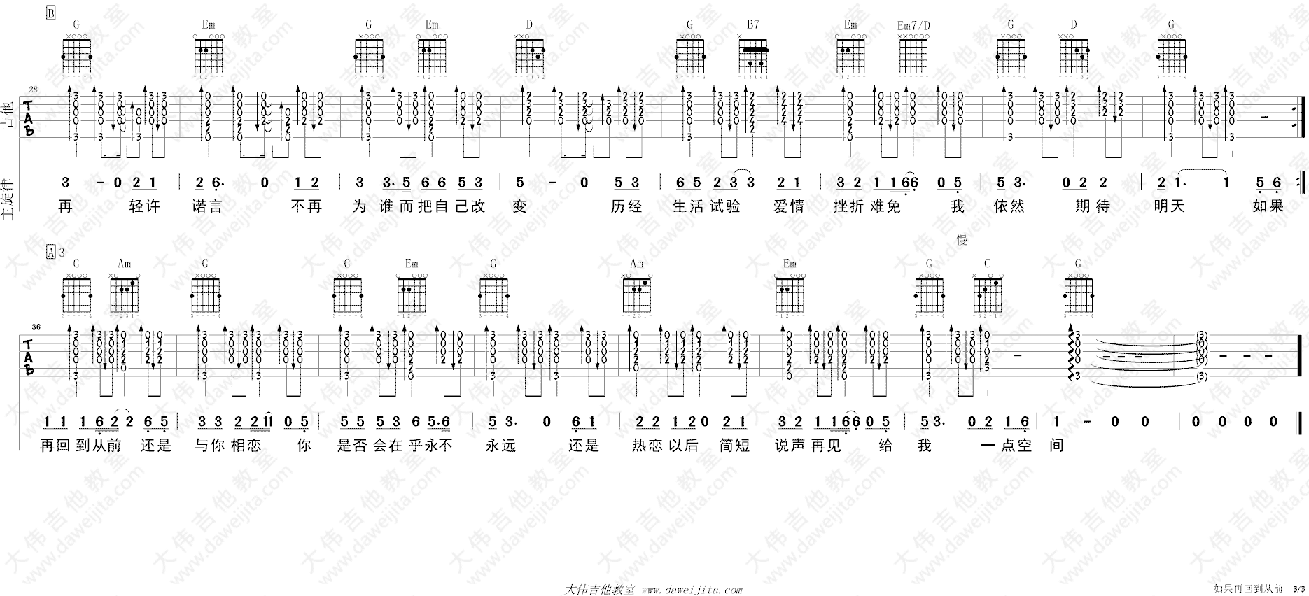 如果再回到从前吉他谱