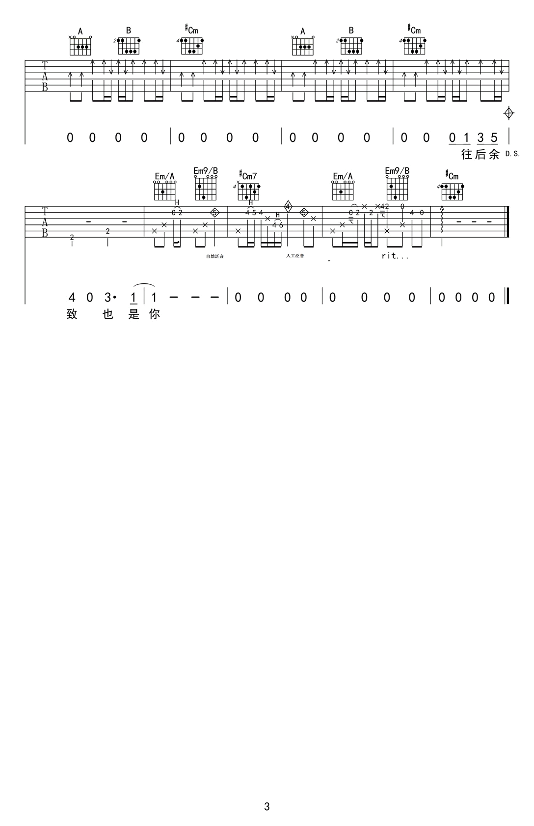 王贰浪往后余生吉他谱 泛音版3