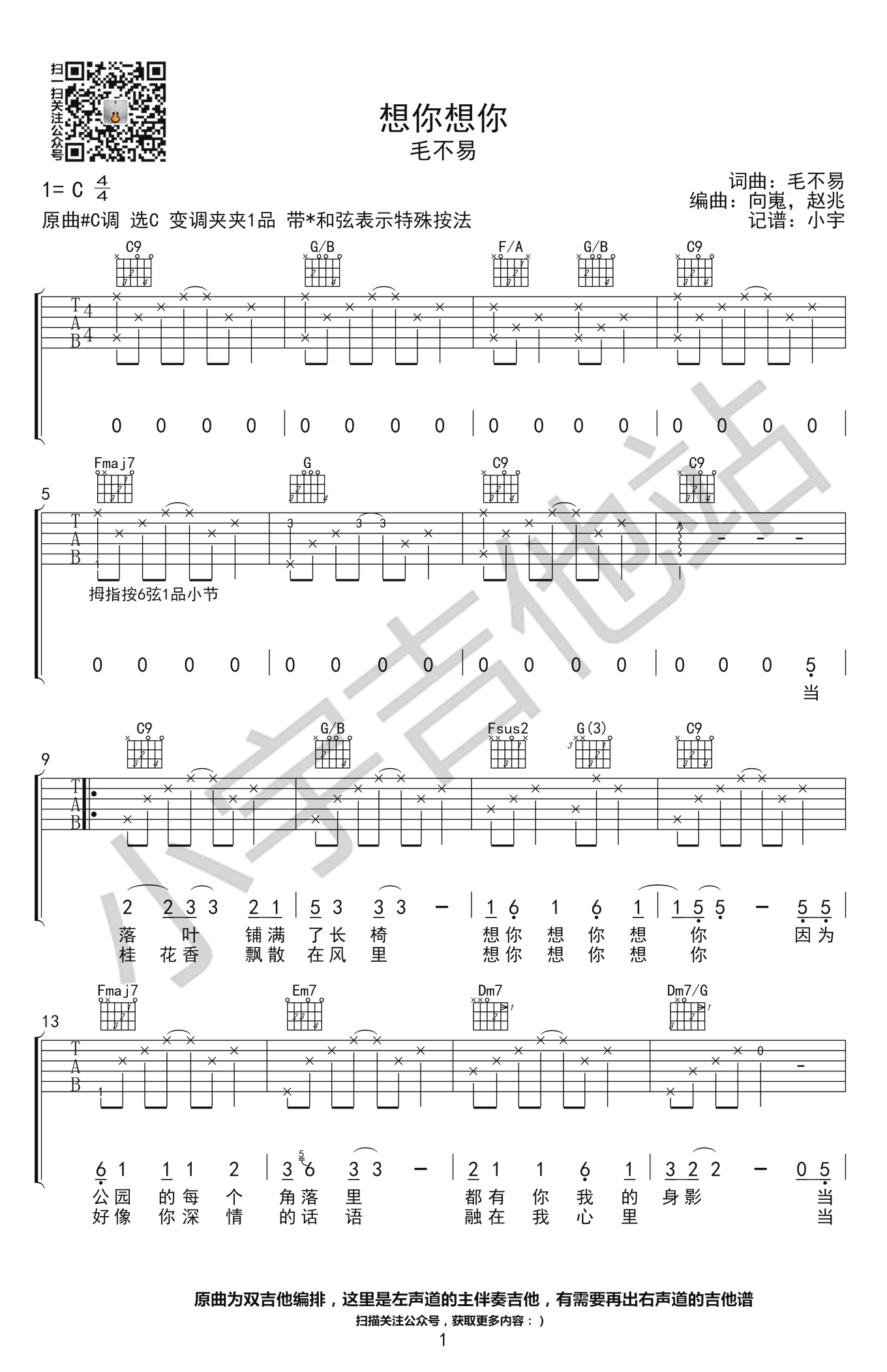 想你想你吉他谱 毛不易 C调原版