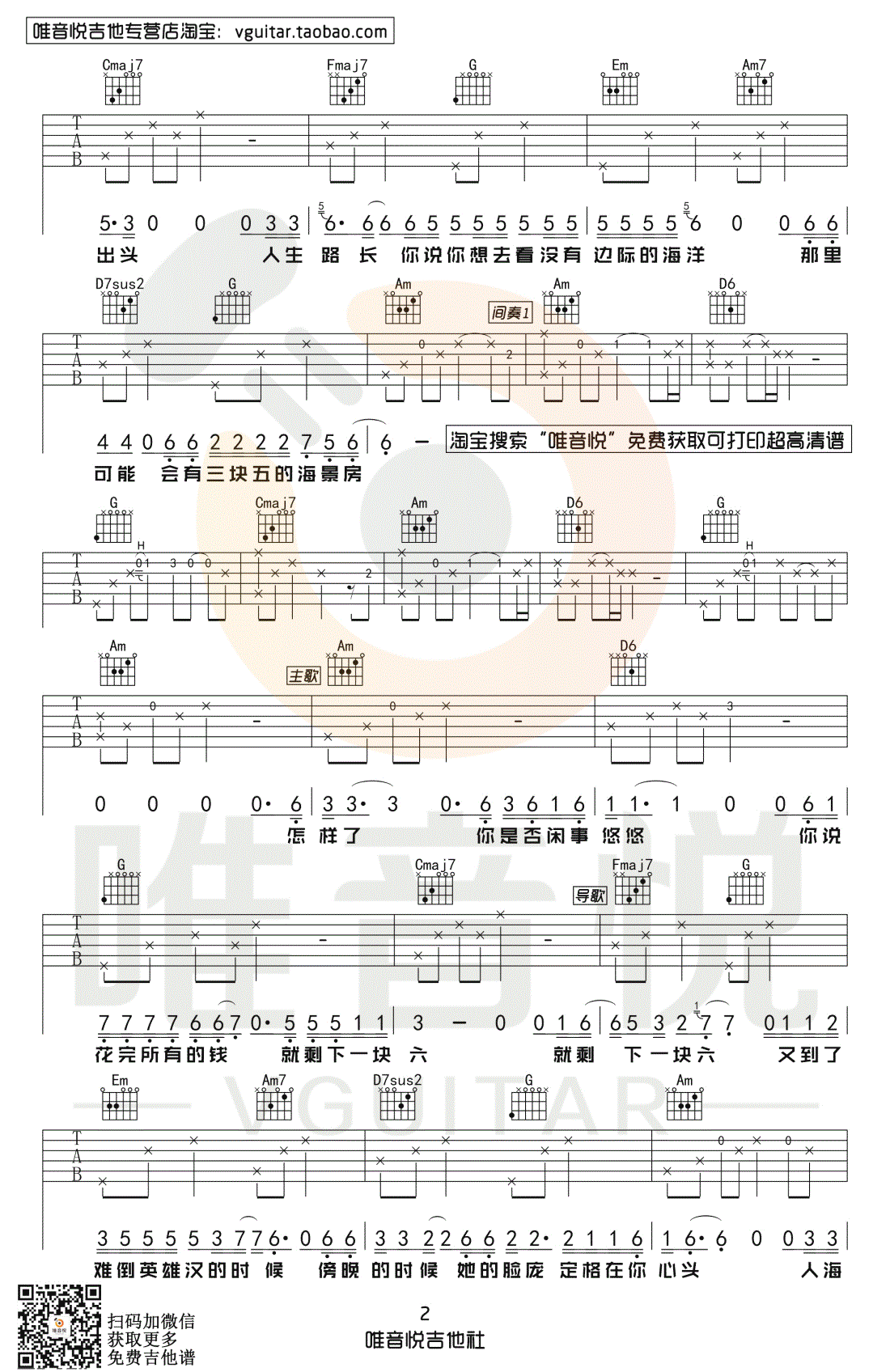 隔壁老樊 四块五吉他谱 简单版2