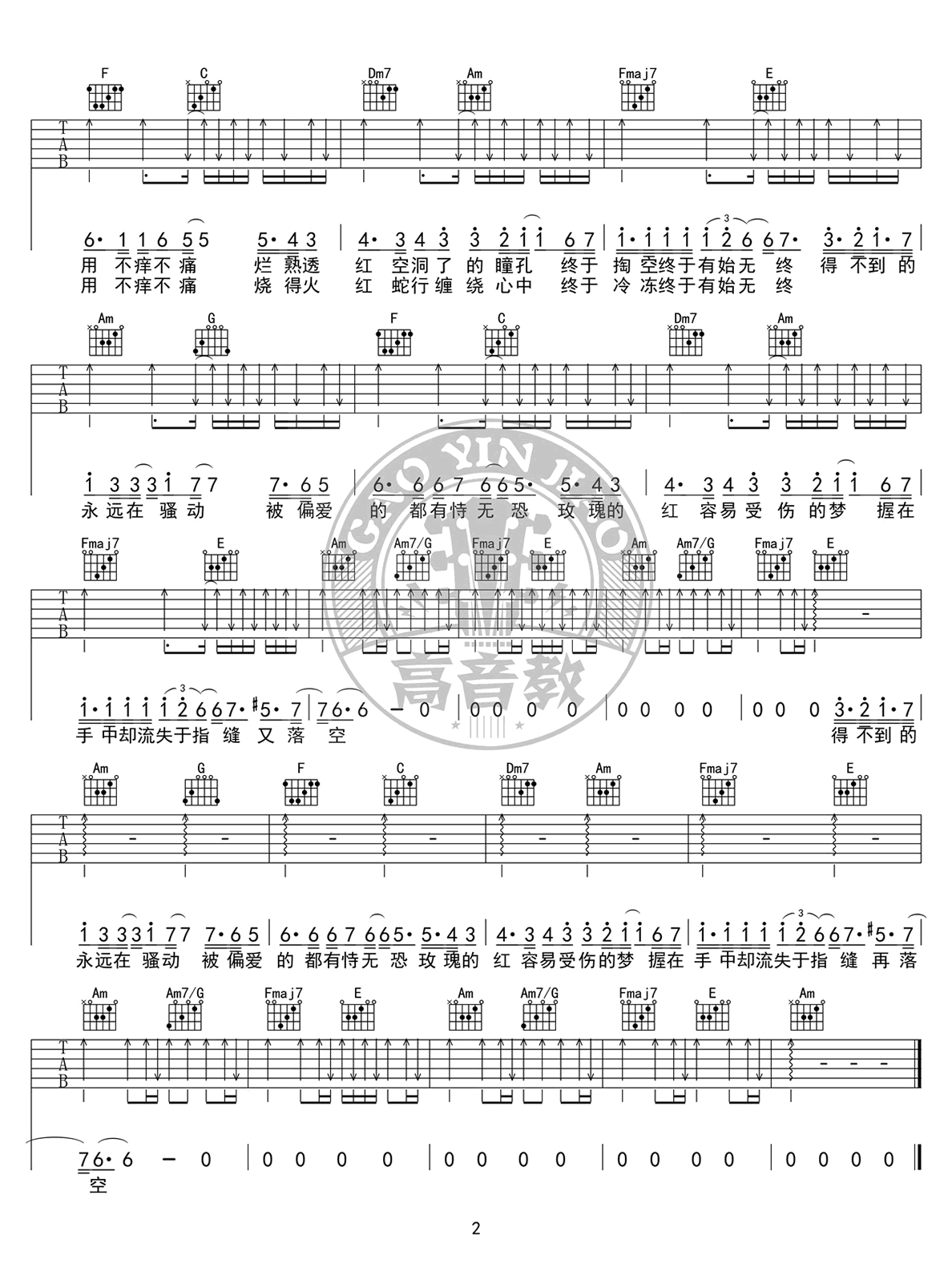 红玫瑰吉他谱扫弦版 陈奕迅