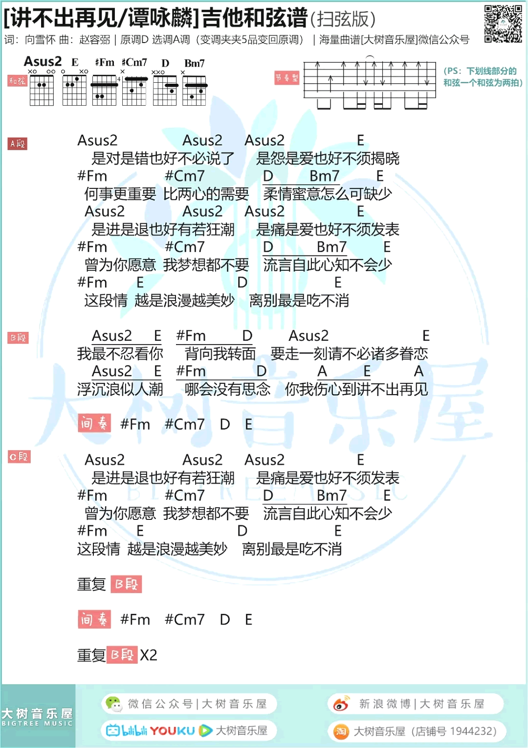 谭咏麟《讲不出再见》吉他谱 扫弦版