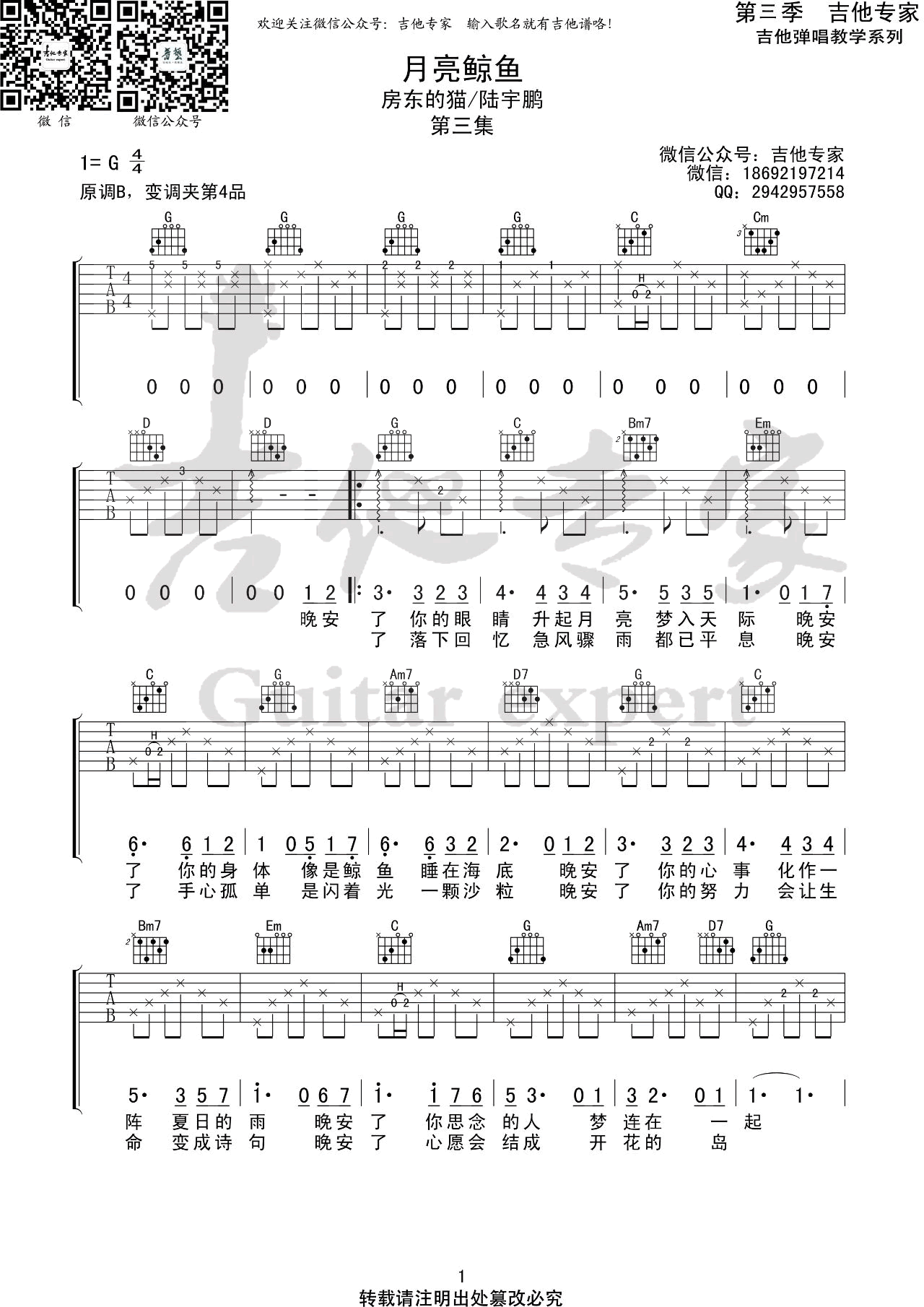 房东的猫《月亮鲸鱼》吉他谱1