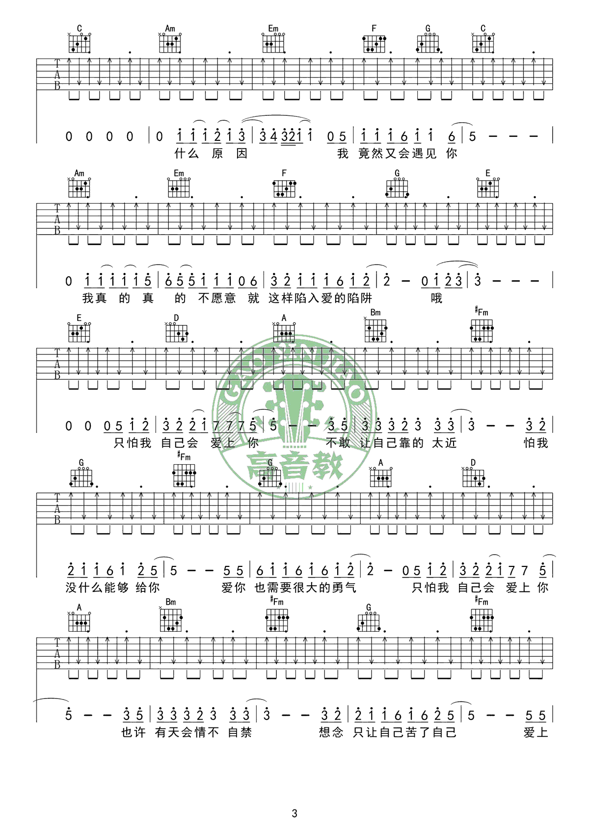情非得已吉他谱 高清弹唱图片谱