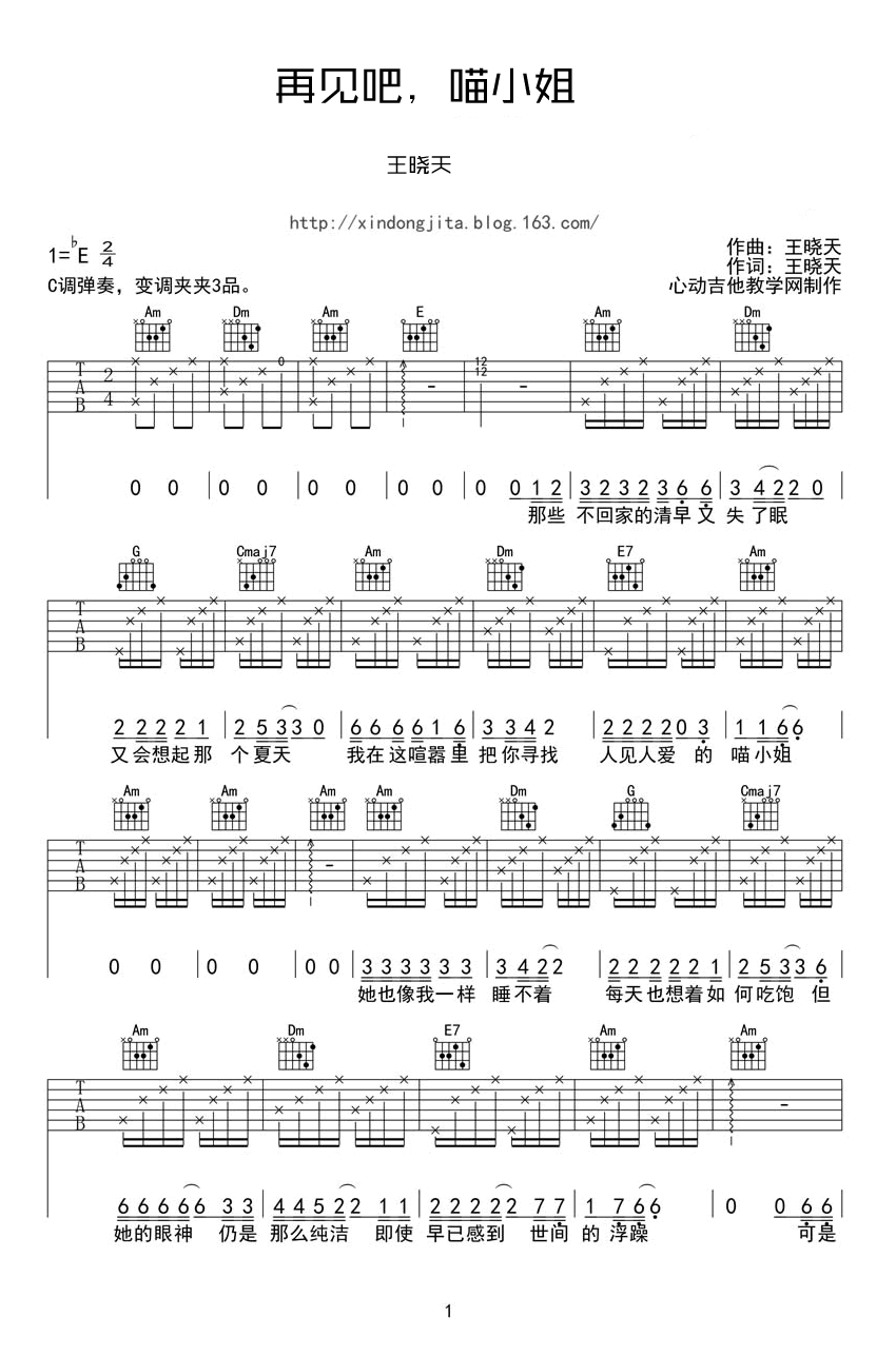 王晓天《再见吧喵小姐》吉他谱
