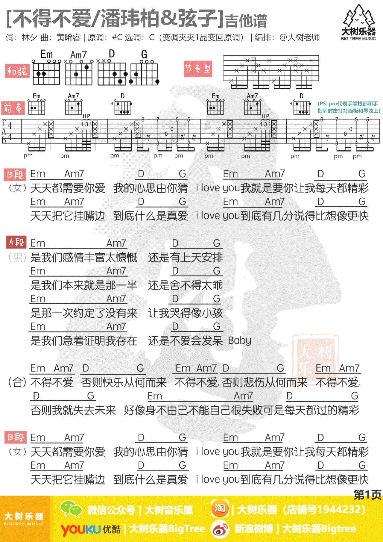 潘玮柏弦子《不得不爱》吉他谱-1