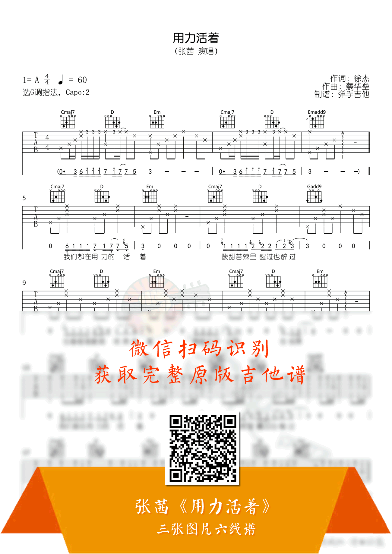 张茜《用力活着》吉他谱 原版吉他谱