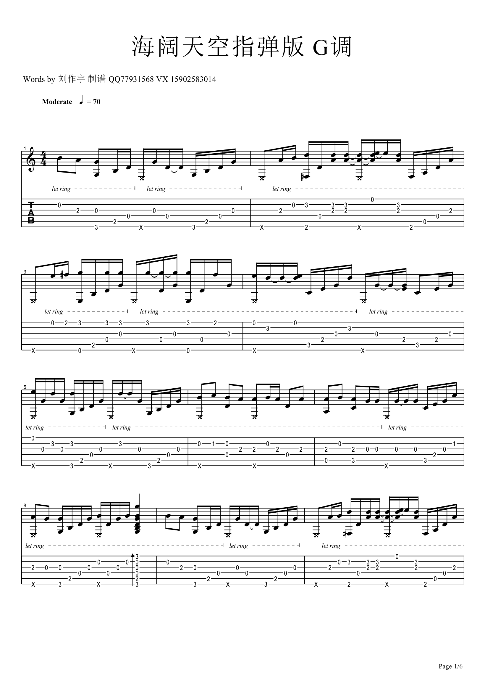 海阔天空指弹吉他谱1
