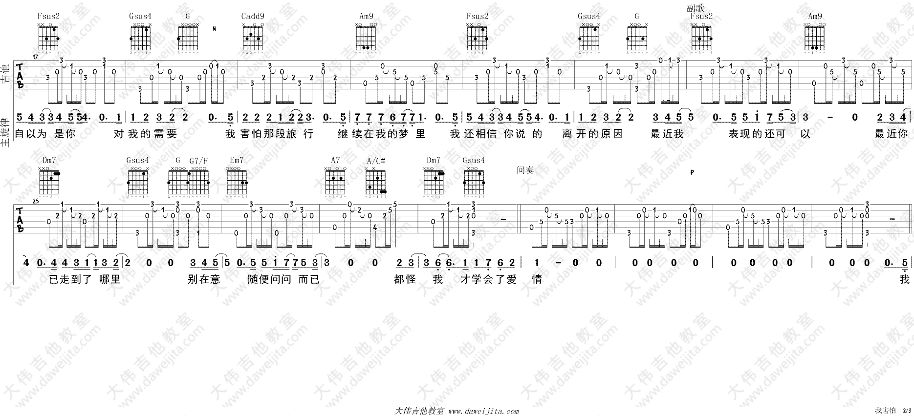 我害怕薛之谦 C调六线谱