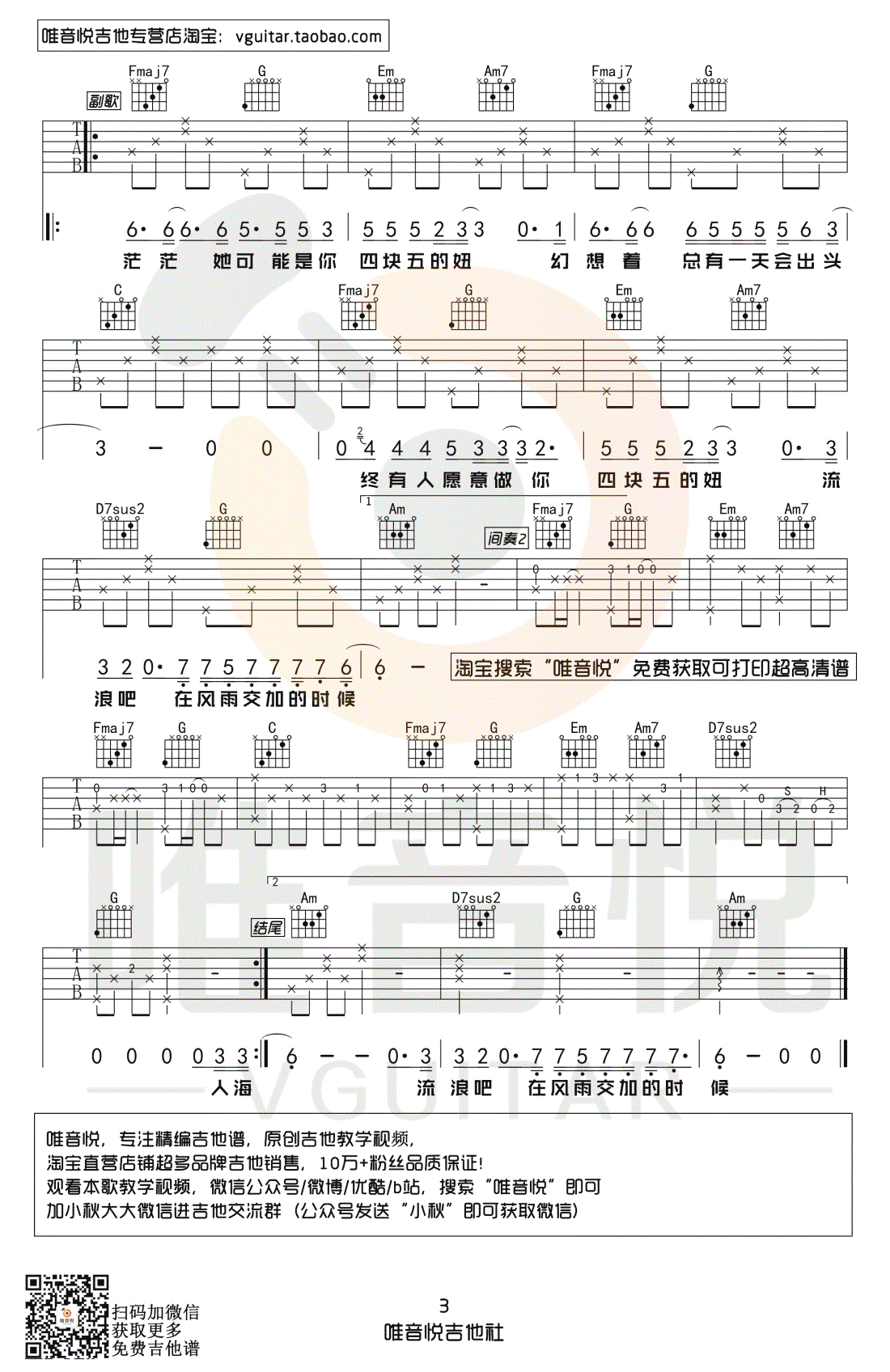 隔壁老樊 四块五吉他谱 简单版3