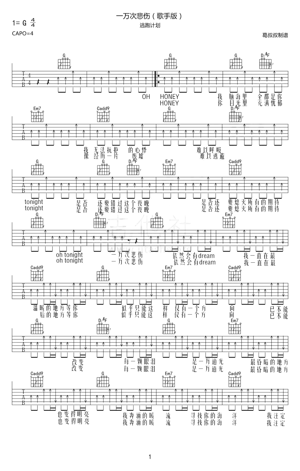 一万次悲伤吉他谱 歌手版1