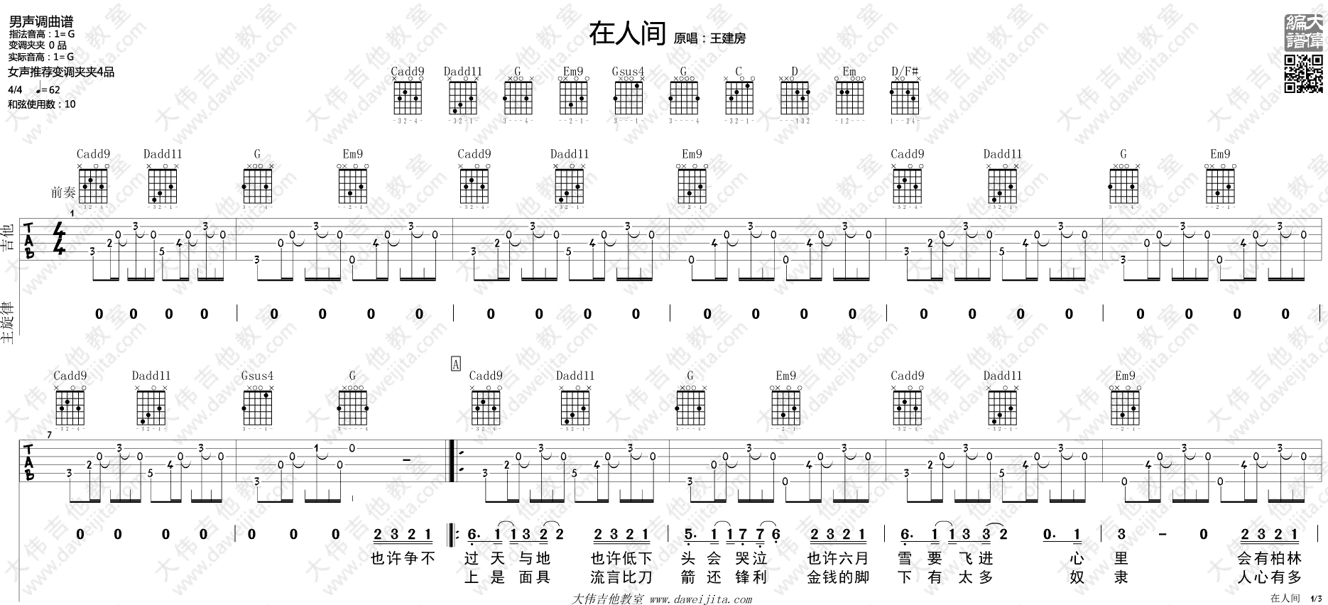 在人间吉他谱 王建房