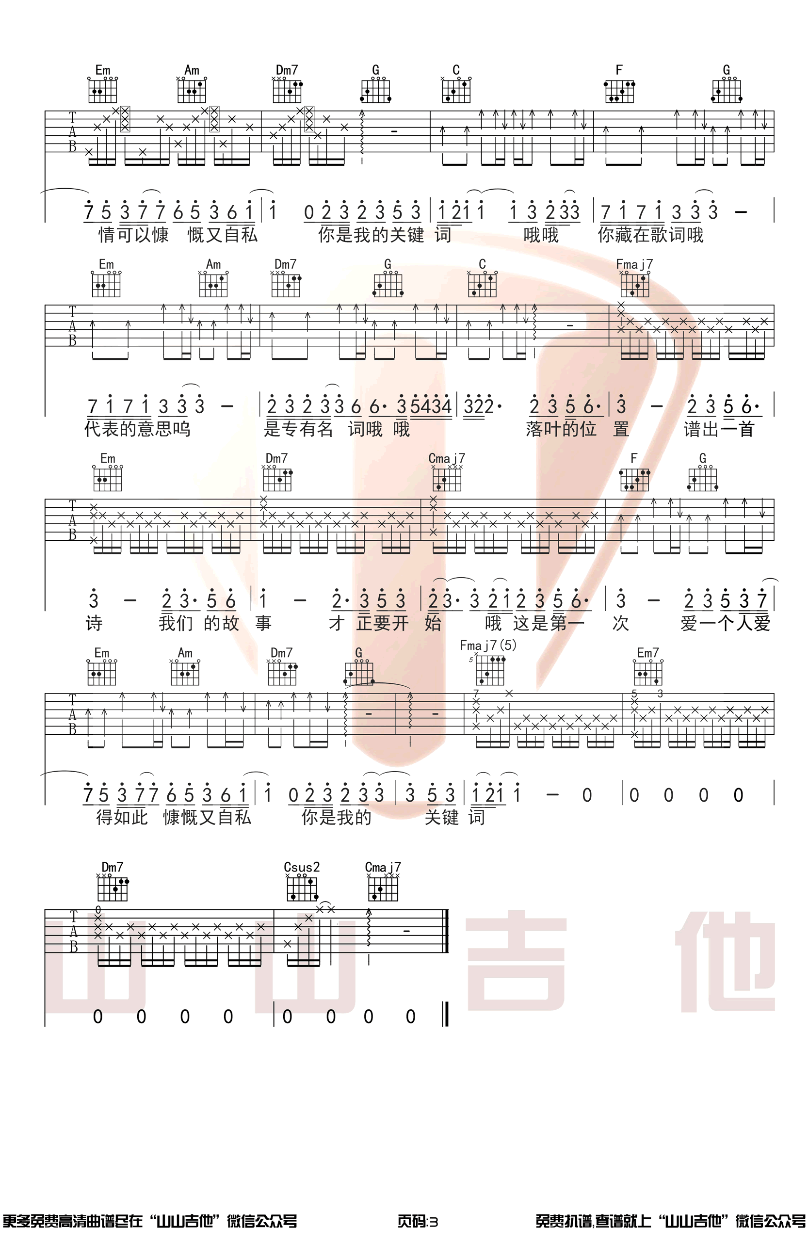 林俊杰《关键词》吉他谱 弹唱教学视频-3