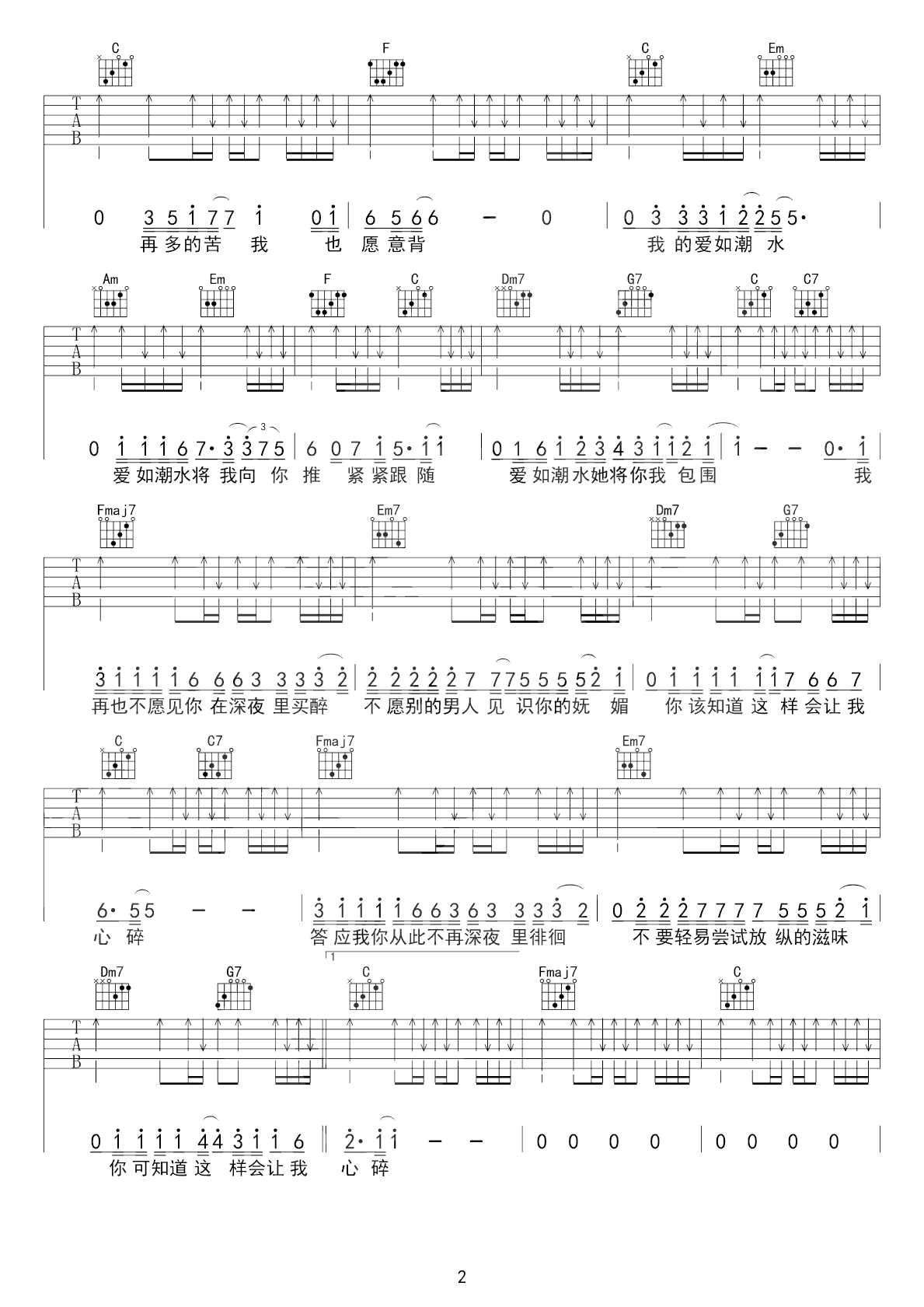 爱如潮水吉他谱 张信哲