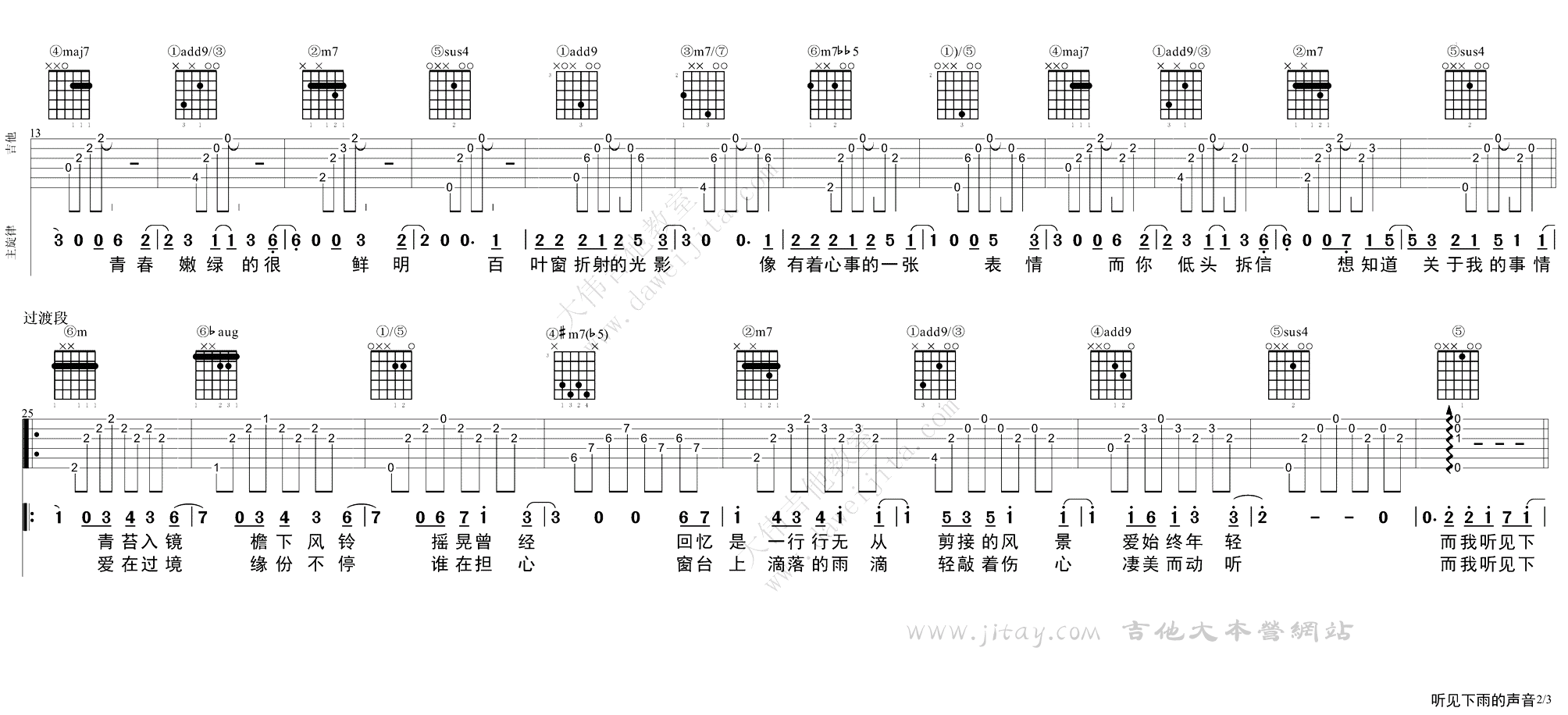 听见下雨的声音吉他谱_吉他弹唱教学视频-2