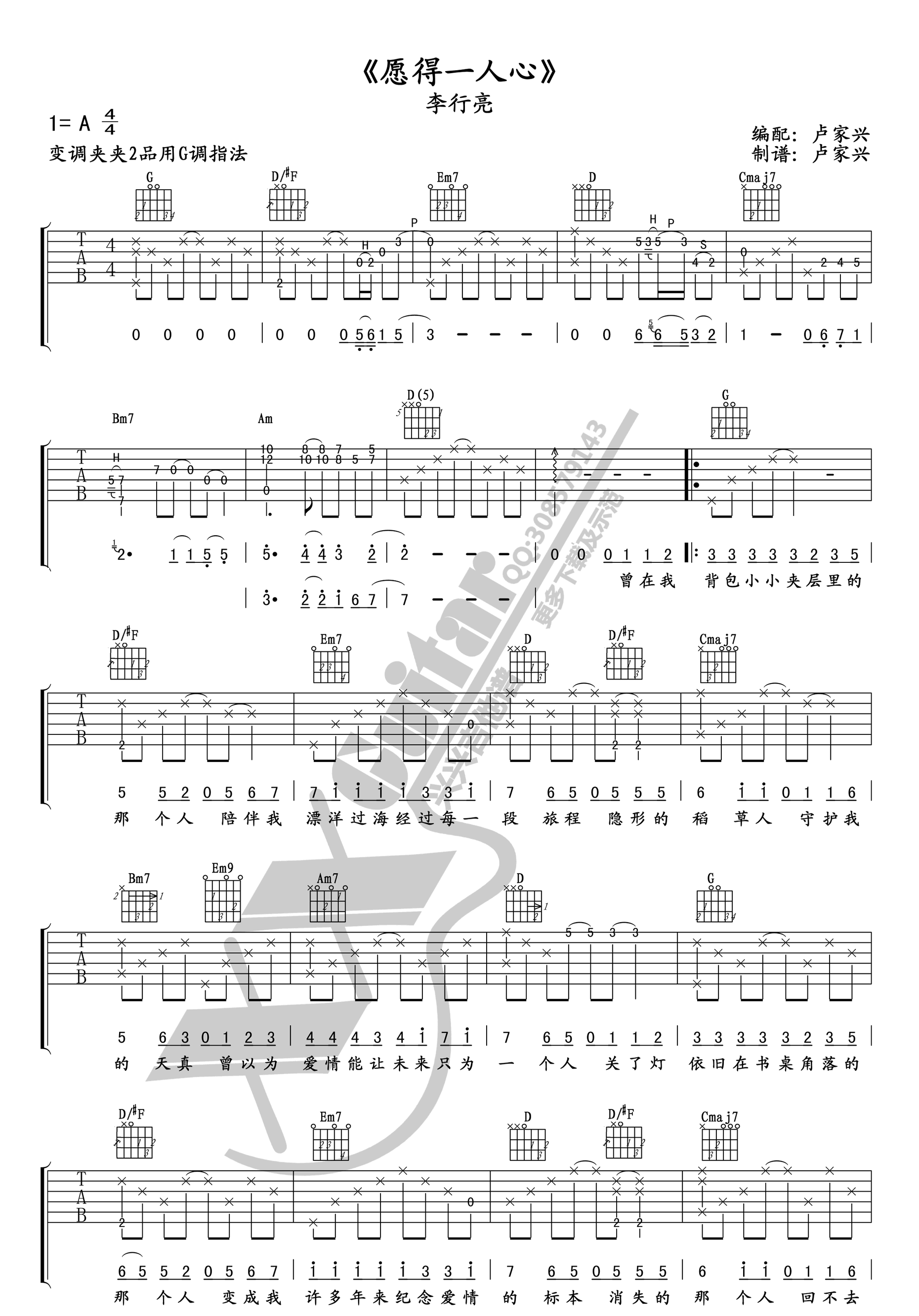 愿得一人心吉他谱_李行亮1