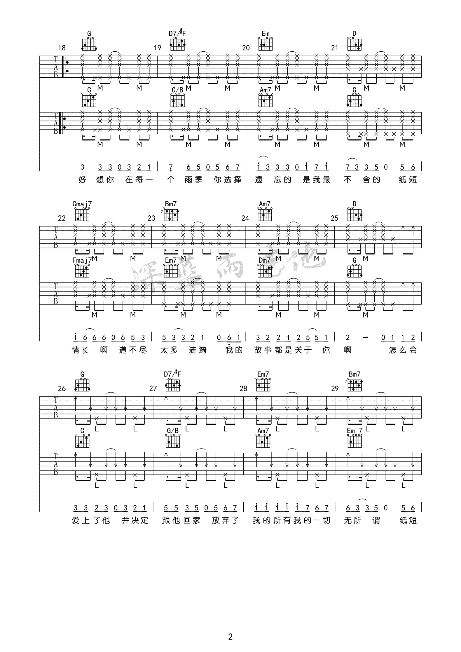烟把儿 纸短情长吉他谱2