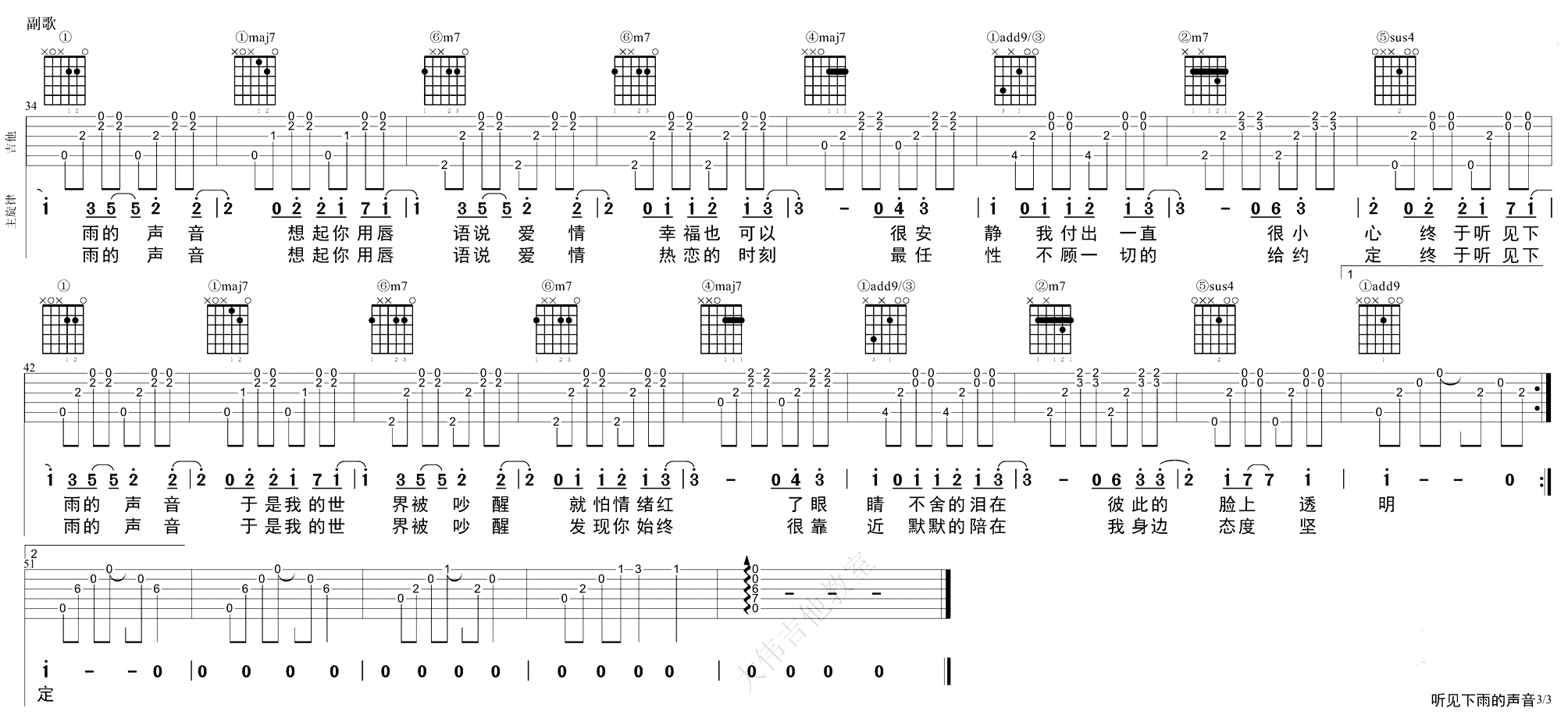 听见下雨的声音吉他谱_吉他弹唱教学视频-3