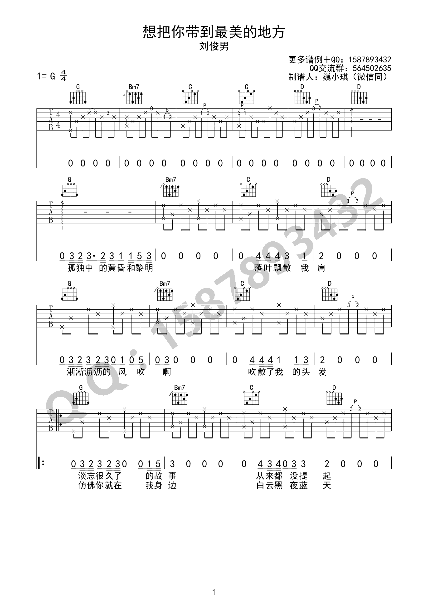 想把你带到最美的地方吉他谱 刘俊男 G调
